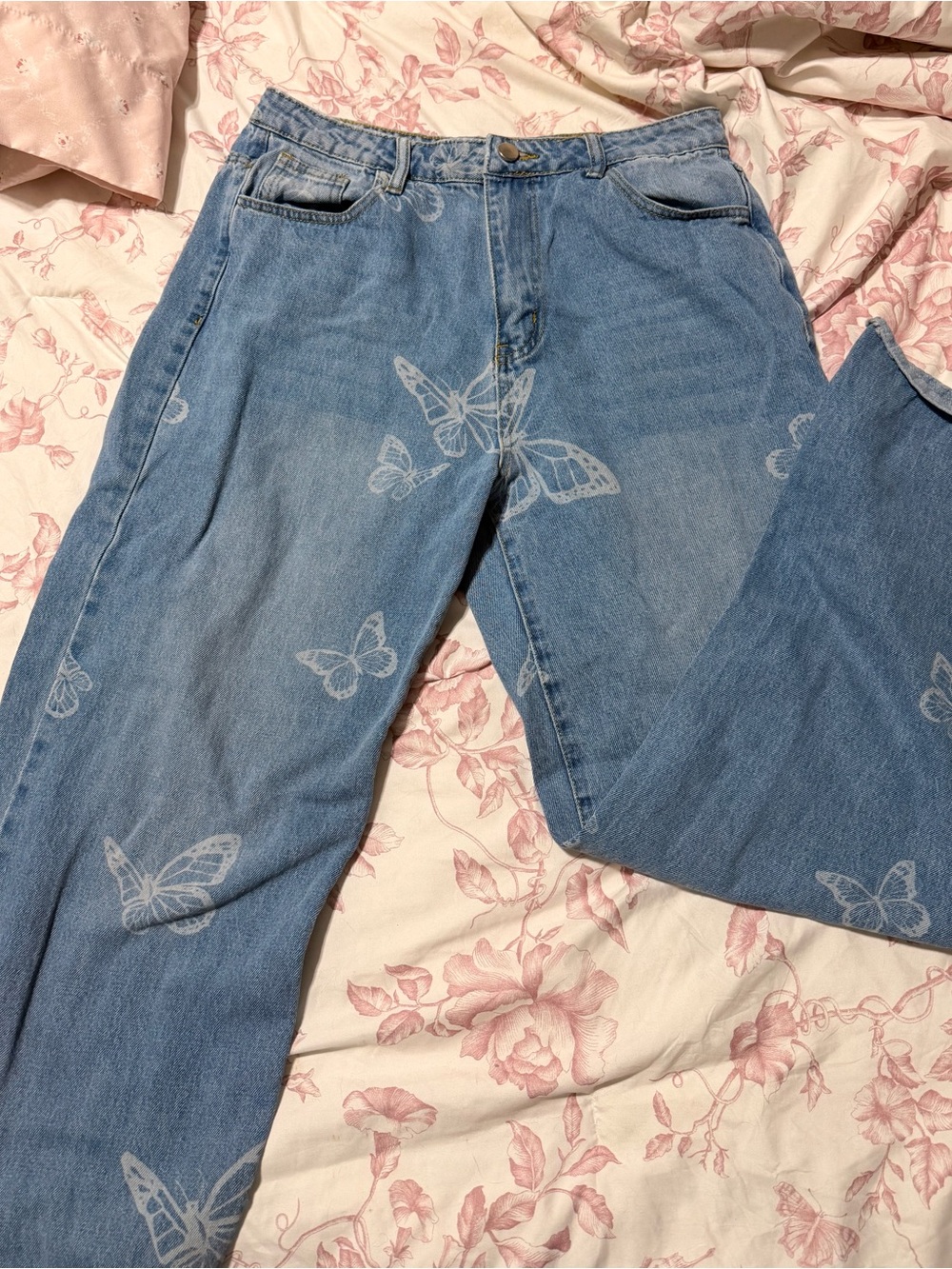 High-Rise Light Blue Butterfly Print Jeans for Women